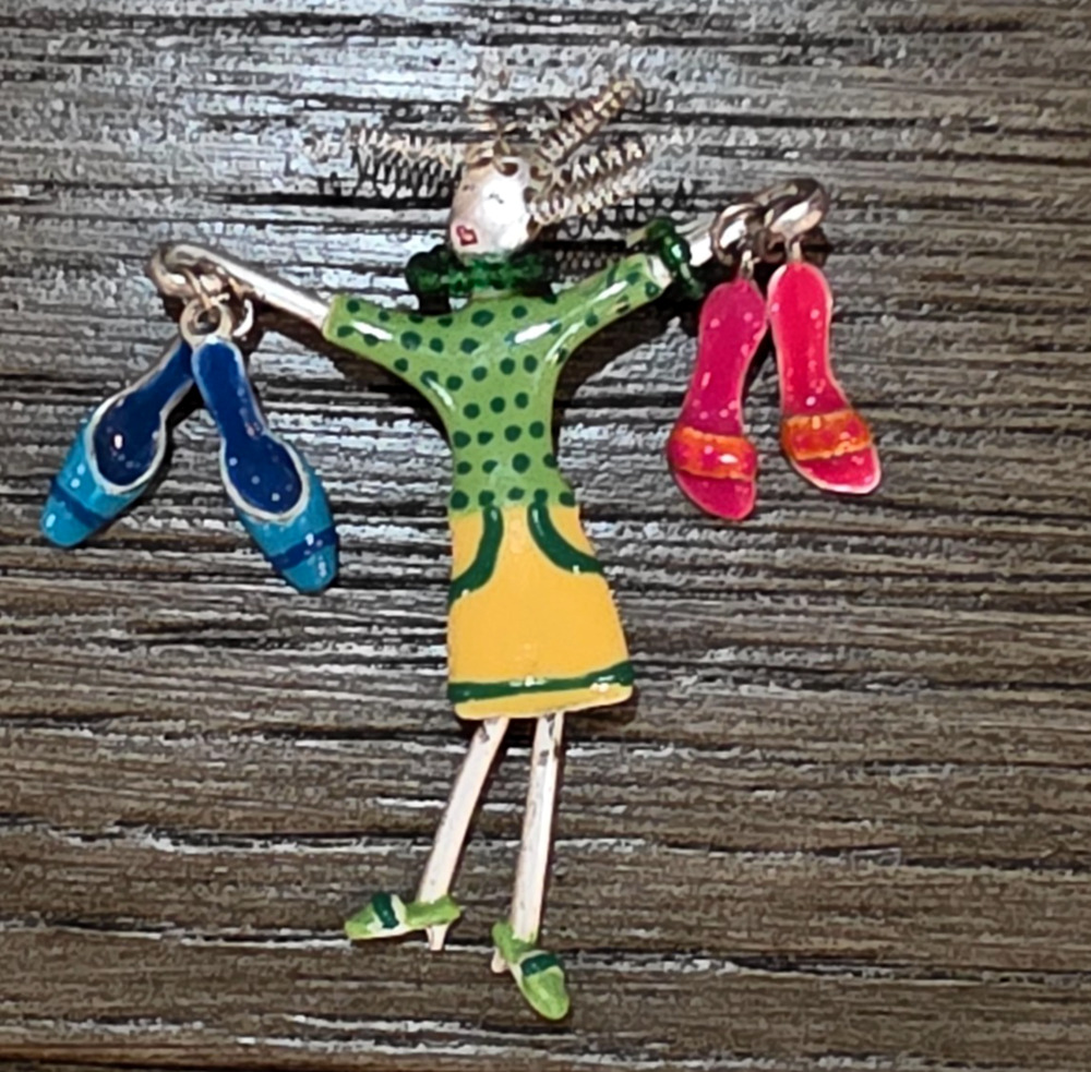 Vintage Colorful TC Curly Haired Shoe Woman 2 3/4" Enamel Brooch